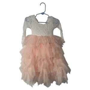 2 Bunnies Girls Dress Up Tutu Lace Long Sleeves White Peach Pink 12-18 months